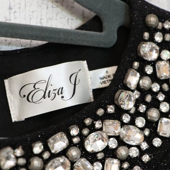 Eliza J Dresses Eliza J Black Glitter Cocktail Dress Beaded Neck 6